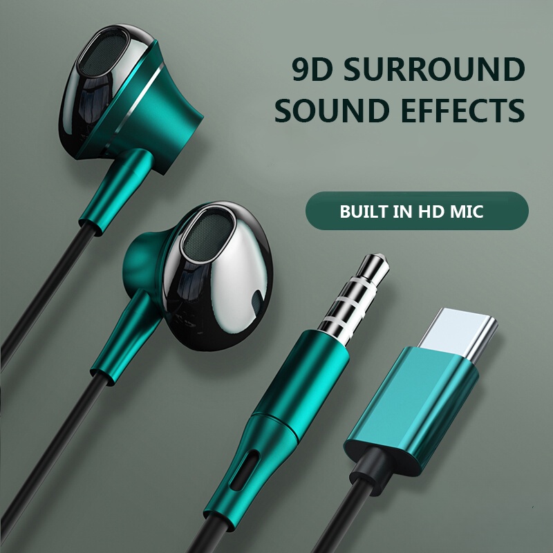 TYPE-C Earphones 9D Surround Sound Headphones Built In HD Mic Earphone Original High Quality Headset Waterproof & Sweatproof Earbuds Legit Gaming Headphone For Android phone