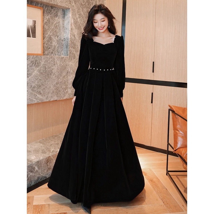 Simple Black/Wine Red Velvet Banquet Evening Dress Long-sleeved Square Neck Slim A-line Dresses Annual Dinner Party Gown