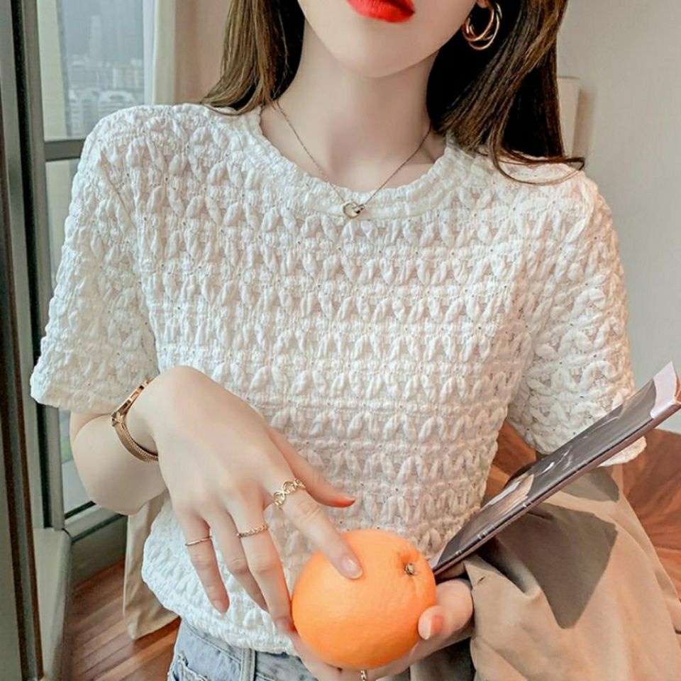 Women's Korean-Style Short-Sleeved T-shirt Ins Fashionable All-Match Loose Hollow-out Bottoming Shirt Lace Top