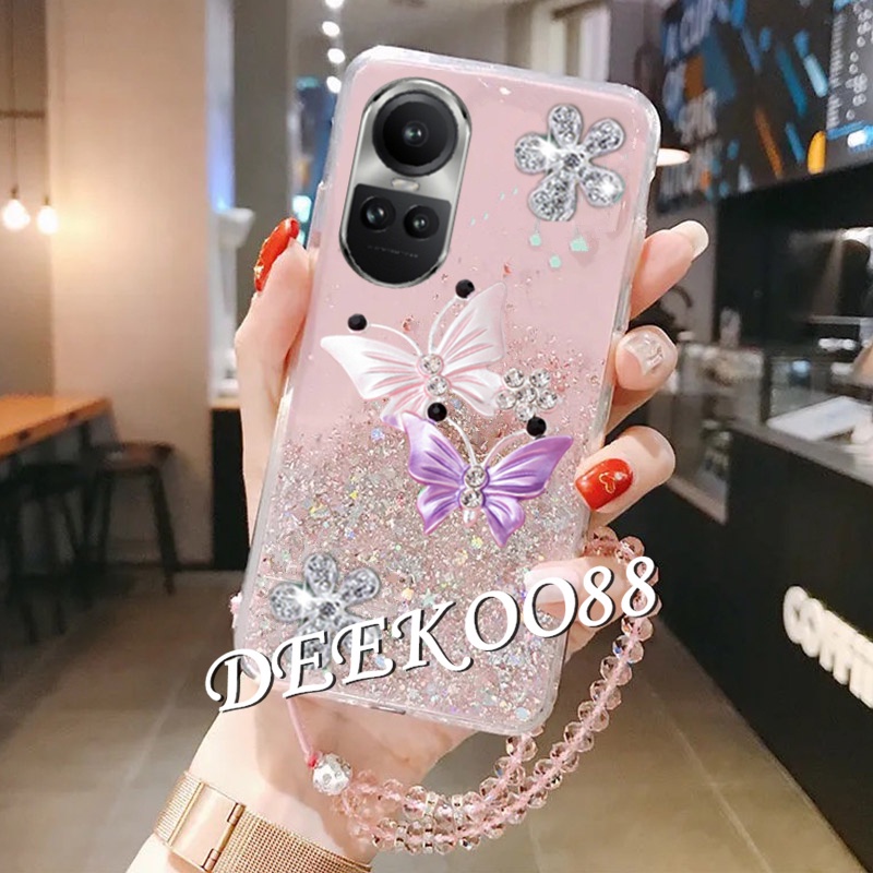 Smartphone Casing for OPPO Reno10 Pro Plus Pro+ 5G 2023 New Phone Cell Case Cute Two Flying Butterfly Decorated With Hand Strap Glitter Gel Sequins Cover Reno 10 10Pro Reno10Pro+