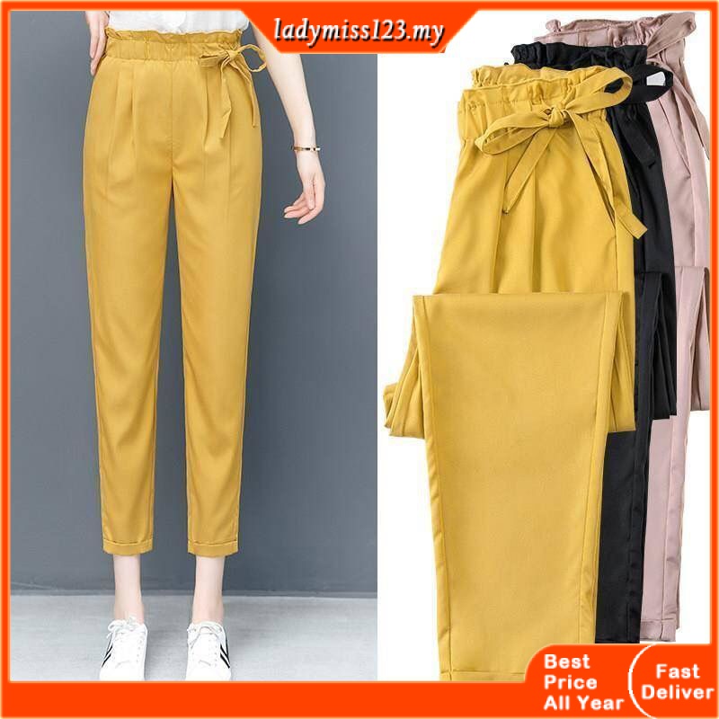 Korean Style Pants Women Fashion Large Size Flower Bud Waist Female Students Long Casual Loose Straight Cut Show Thin Cropped Pants Seluar Slack Panjang Perempuan Wanita Palazo Murah Women Clothing 休閒褲子女装長褲 裤子