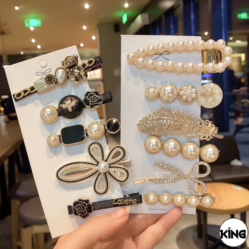 KI 5Pcs/Set Retro Bear Korean Fashion Pearl Hairpin / 3D Flower Black Bangs BB Side Clip Suit / Diamond Duckbill