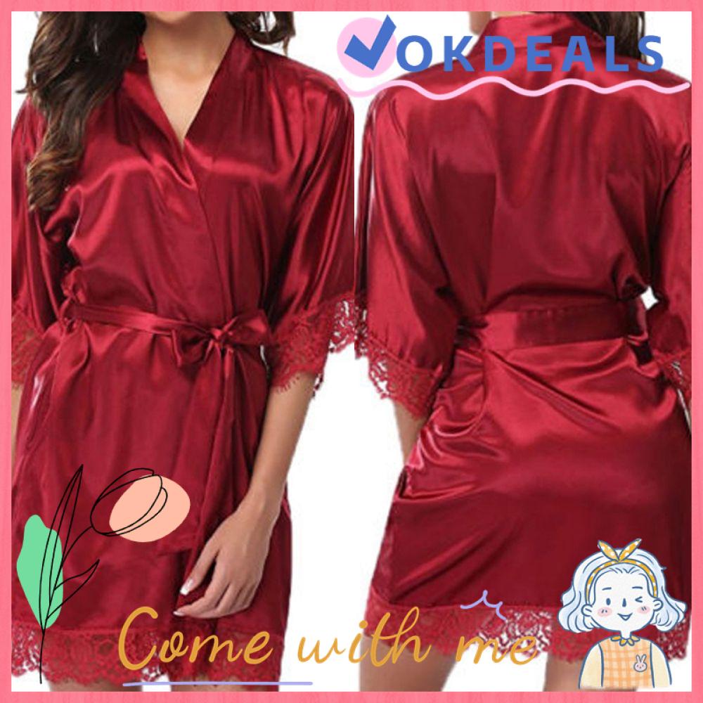 OKDSHOP Ladies Bath Robe Women Long Sleeve Babydoll Lingerie Nightwear Lace Kimono Dress