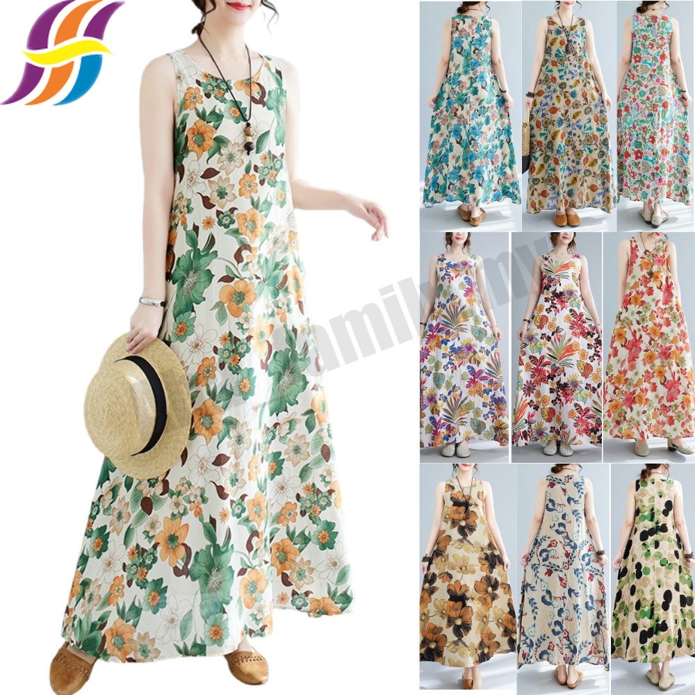 Women's Floral Summer Sun Dress Sleeveless Flowy Maxi Dresses Cotton Linen Floral Printed Casual Loose Beach Long Swing Holiday Dress with Pockets