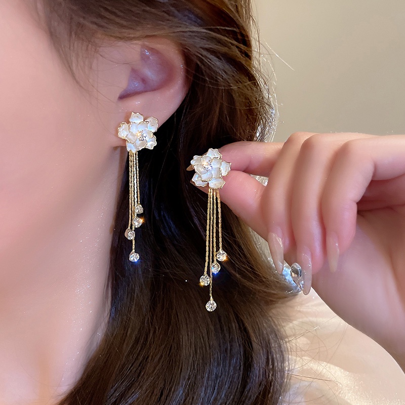 Japanese Korean Flower Tassel Rhinestone Long New Style Trendy Niche Design High-End Earrings