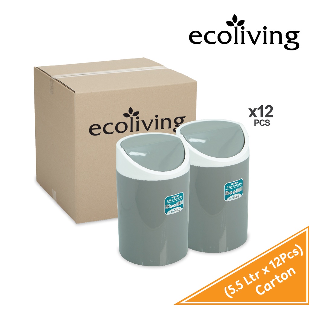 ECO LIVING CARTON DEAL 12Pcs/Ctn 5.5Ltrs Rubbish Bin W/Swing Lid Cover,Bathroom Kitchen Office Tong Sampah,ECO-191-12