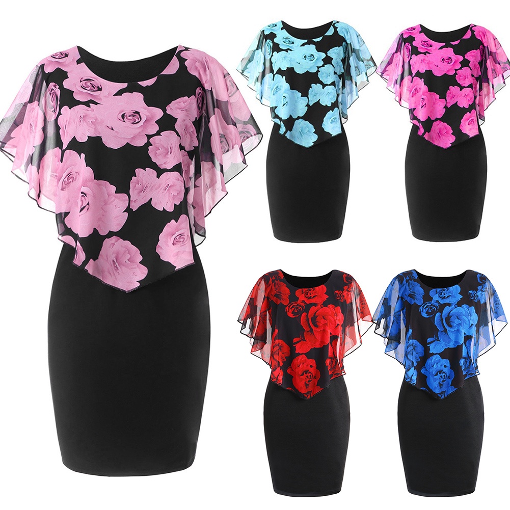 【ER】Plus Size Elegant Office Lady Rose Flower Print Cape Bodycon Knee Length Dress