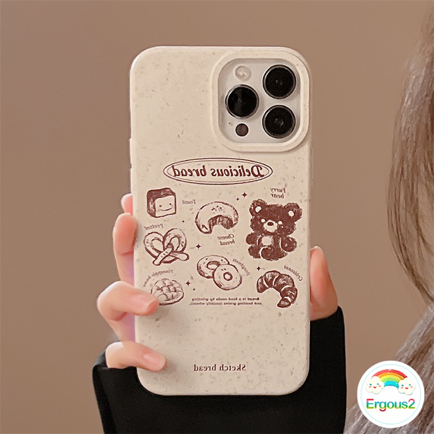 Cute Cartoon Graffiti Bear Bread Straight Edge Eco-Friendly Smooth Phone Case Compatible for iPhone 14 13 12 11 Pro Max X Xr Xs Max 8 7 6 6s Plus SE 2020 Camera Protection Anti fall Protective Cover