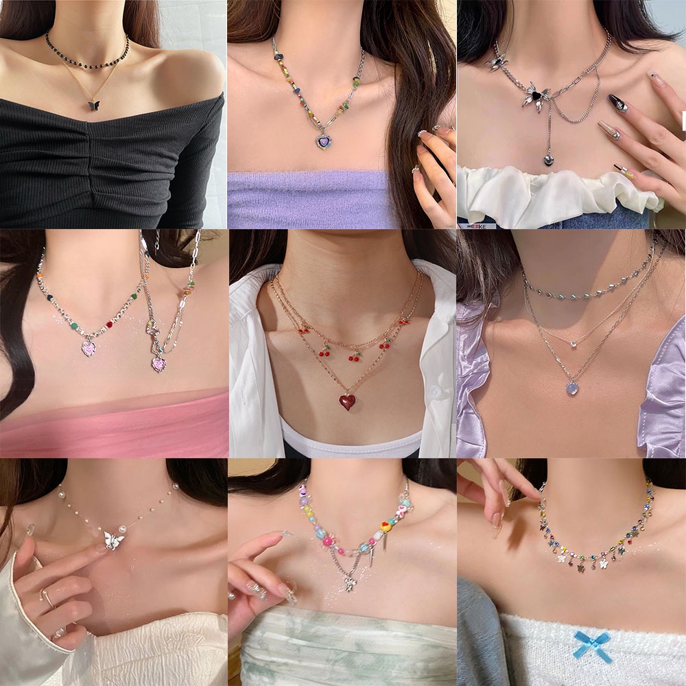 Temperament Charm Butterfly Love Heart Pendant Necklaces for Women Girls Colorful Beaded Chain Necklace Party Jewelry