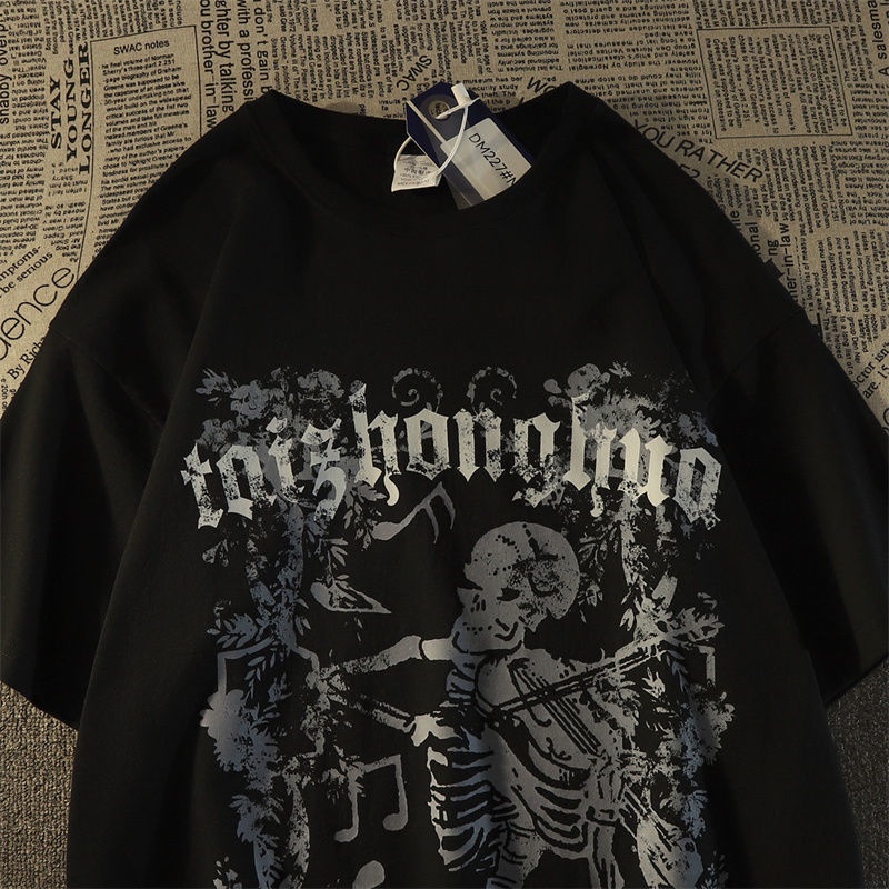 American Vintage High Street Dark Skull Violin Print Fashion Brand Short Sleeve T-shirt Men's Large Couple Unisex Shirt Top