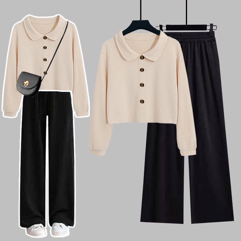 2PCS/Single Women Crop Top Sweater Set Wear Outfit Korean Style Fashion Suit Women's Vertical Buttons Shirt  Wide Leg Pants Casual Woman Wear Baju Wanita Fesyen Baru
