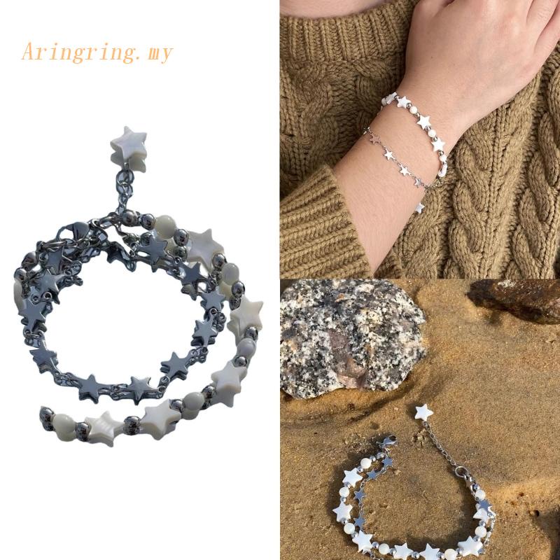 ARIN Silver Color Double Layer Star Bracelet Round Beads Bracelet Female Fashion Romantic Jewelry Adjustable Bracelet