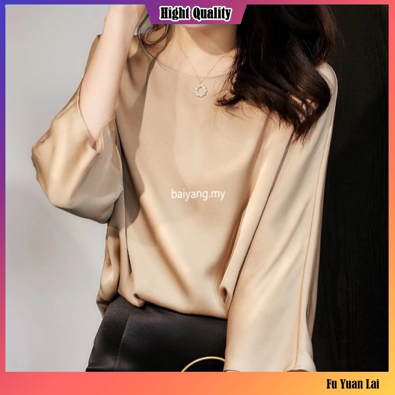 Korean Style Satin Blouse Women Casual Long Bat Sleeve Loose Ladies Simple Vintage Baggy Shirt Silky Top Fashion Women Clothes Baju Lengan Panjang Kemeja Perempuan Blaus Wanita Terkini Muslimah Murah Blouse Labuh