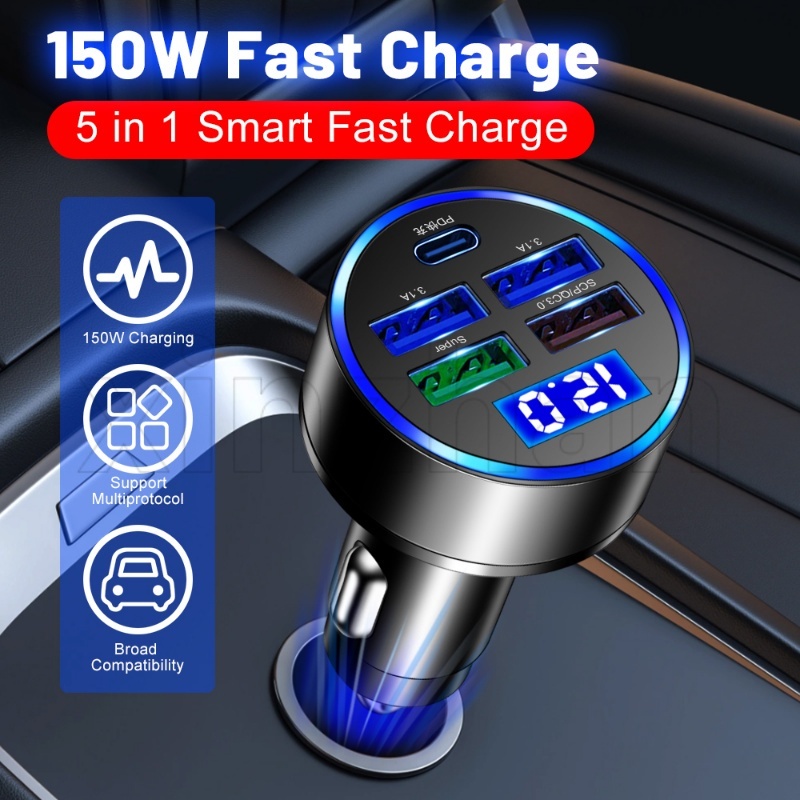 5-Port Car LED Digital Display Charger Vehicles Universal Converter Automobile Interior Accessories Universal 150W Fast Charging Adapter Luxury Translucent Display Charger