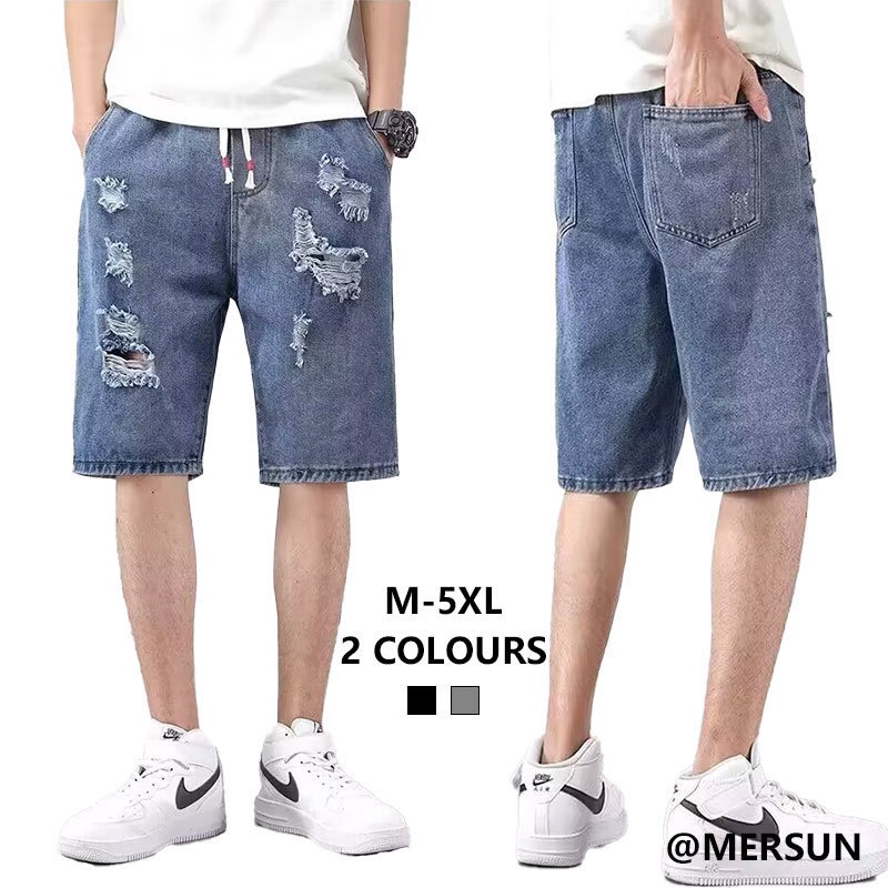 Two color denim shorts men's casual ripped mid-length pants Harlan fashion brand all-in-one loose quarter jeans Lelaki seluar pendek denim rempuh mangsa