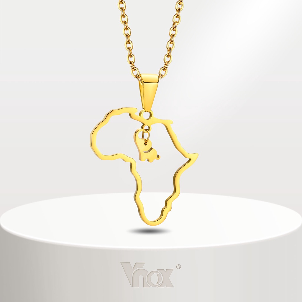 Vnox Fashion Luxury Ladies Necklace, Stainless Steel Africa Map Elephant Pendant Gold Ladies Necklace Jewelry