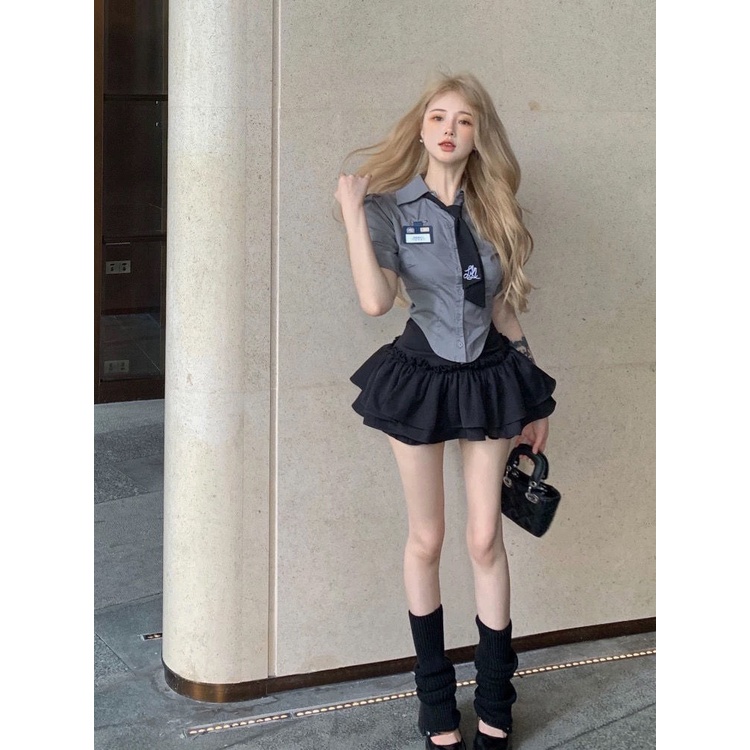 Ready Stock学院风jk制服美式套装短袖衬衫上衣女夏季裙子蓬蓬裙半身裙两件套fashion suit saman wanita