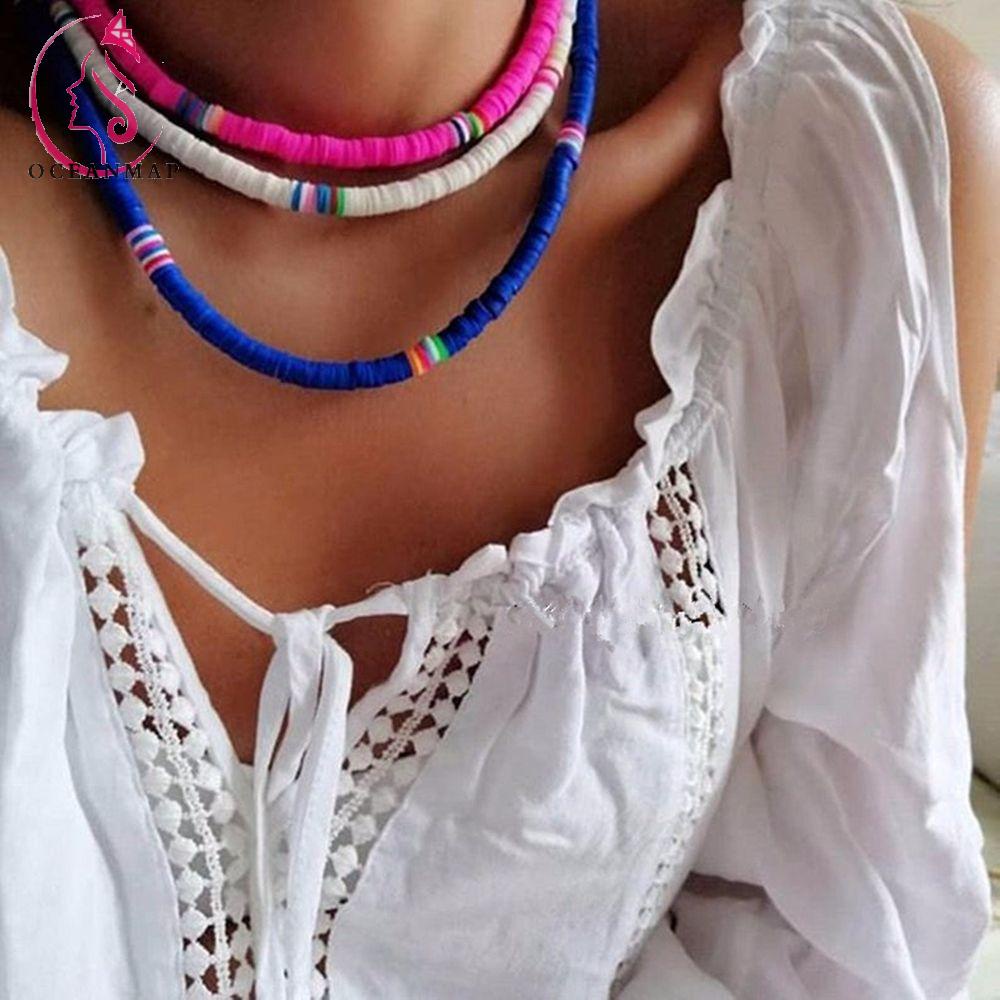 OCEANMAP Sweet Bohemian Necklace Personality Beads Collar Beach Clavicle Chain Women Creative Stacking Colorful Surfer Necklace Ethnic Soft Pottery/Multicolor