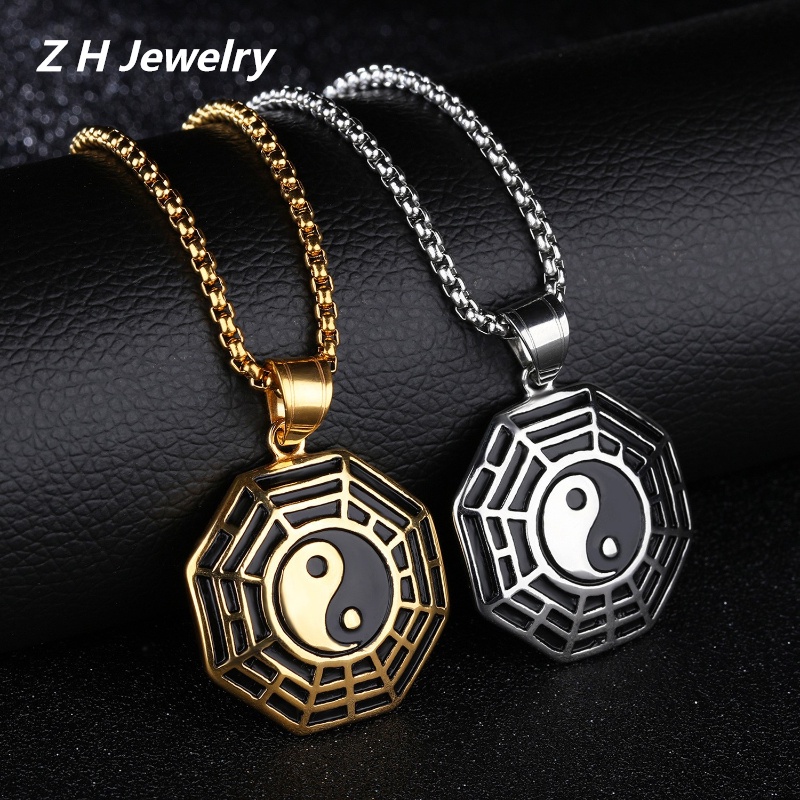 [Z H Jewelry] Vintage Bagua Talisman Hip Hop Tai Chi Compass Pendant Men's and Women's Fashion Stainless Steel Necklace Punk Party Rock Titanium Steel Jewelry Accessories