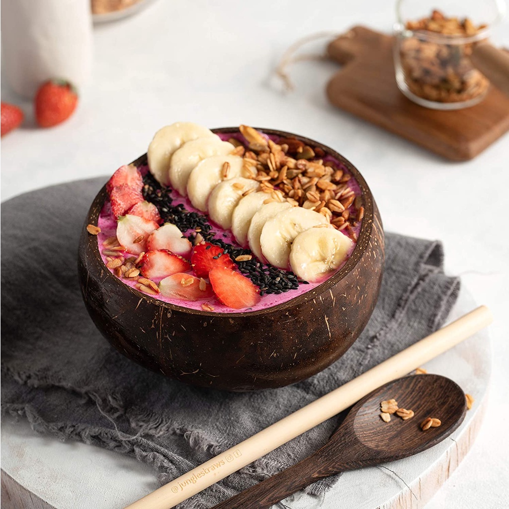 Natural Coconut Bowl wooden Spoon Fork Tableware Fruit Milkshake Salad Bowl Tableware Set Coconut Shell Bowl Simple Style Home Restaurant Using Tableware Accessory Food Bowls Handi