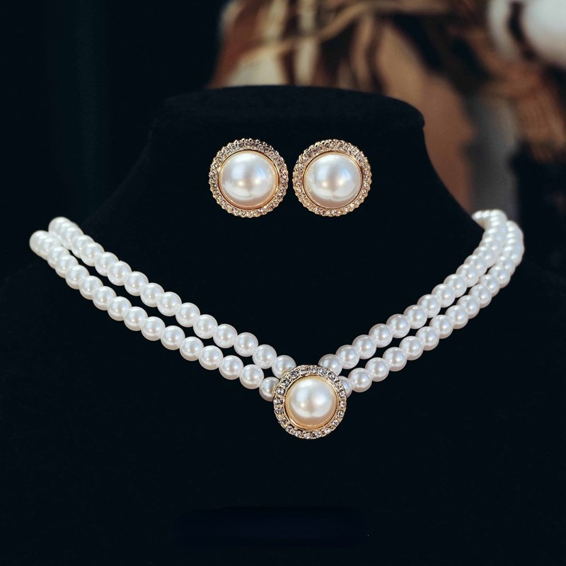 Double Layer Pearl Necklace Earrings Set Bridal Wedding Dress Necklace Accessory Bridal Earrings Set