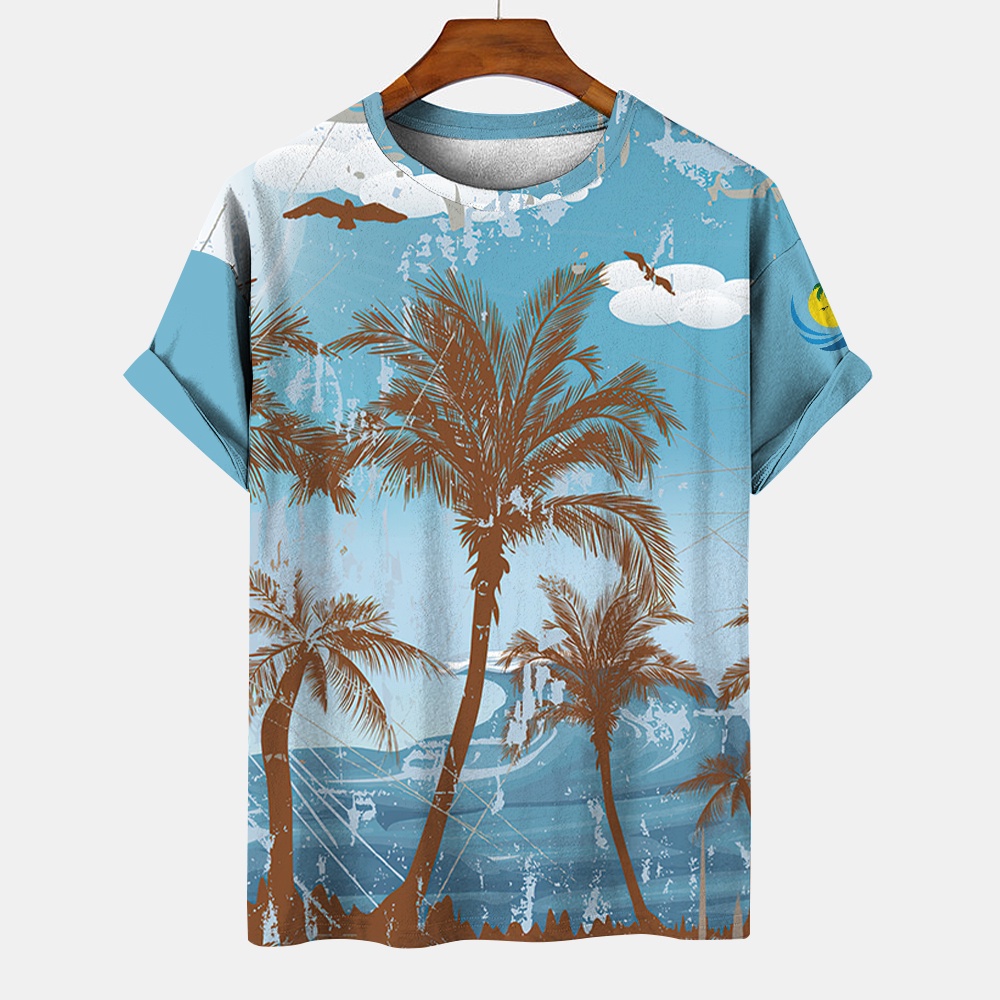 Men T shirt Casual Summer Short Sleeve Tees Tops Coconut Tree Graphic Daily O Neck Tops Vacation Clothing For Male Hawaii Shirts