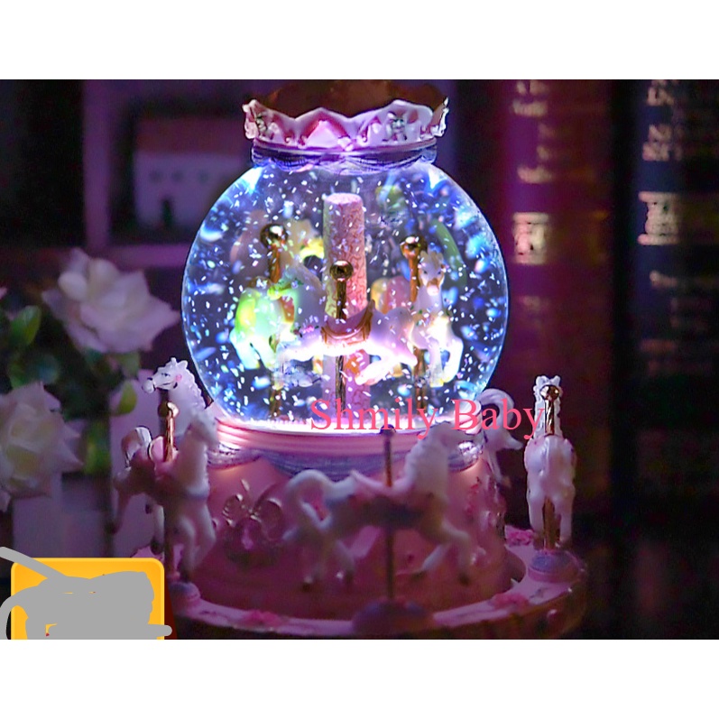 Dreaming Merry Go Round Explosive Resin Crafts Ornament Carousel Horse Crystal Ball Music Box with LED Light Sweet Song