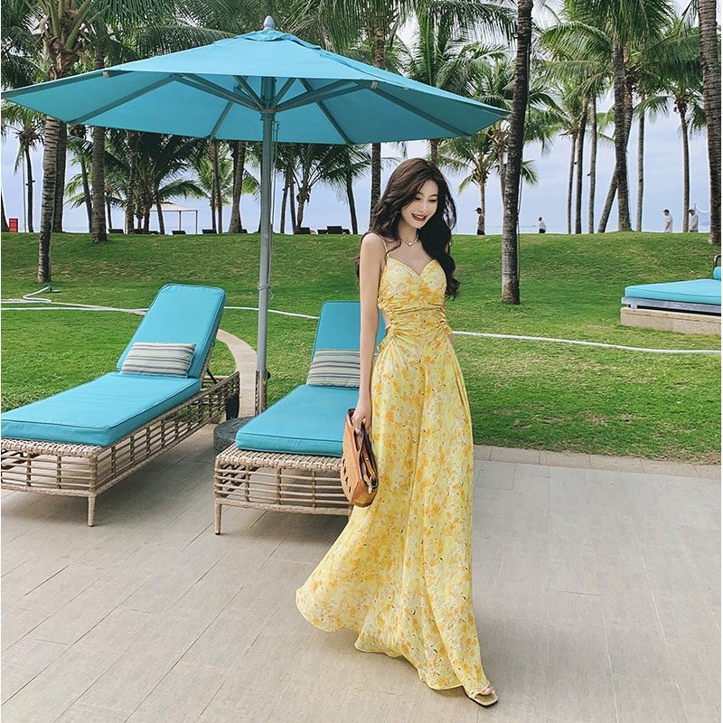 Follow to Get Free Shipping✨Ready Stock✈Hot Girl Suit✨Korean Style Dress Dress✨Seaside Wear✈2023 Ready Stock Sunset French Lemon Yellow Floral Long Skirt Chiffon Printed Holiday Beach Skirt