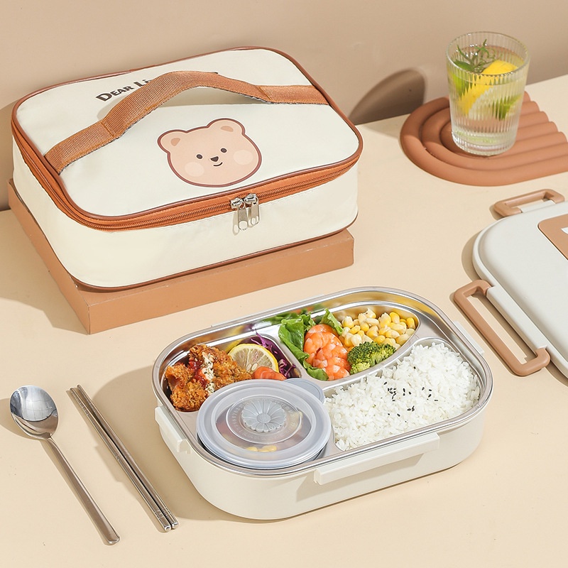 LMfood Dear Little Bear 2/4/5 Grid Stainless Steel 304 Food Warmer Lunch Box Lunch Box with Utensils and Cooler Bag