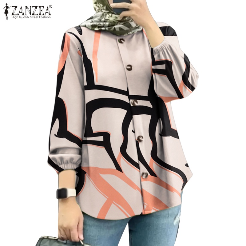 ZANZEA Women Muslim Fashion Long Sleeves Puff Sleeves Round Neck Printing Shirts