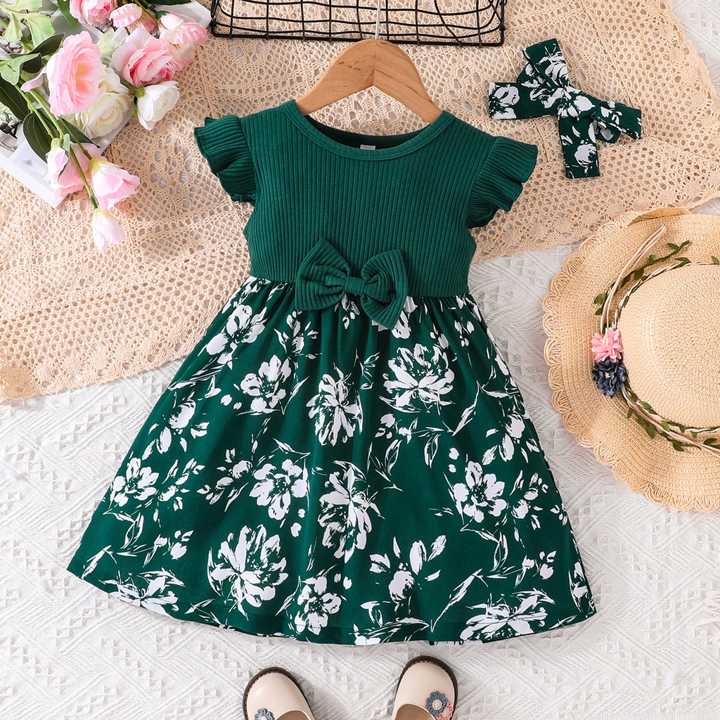 Dress Baby Girl Newborn 3-24 Months Birthday Baju Raya Kurung Gaun Budak Perempuan Summer Ruffled Sleeve Cute Floral Green Fashion Kids Princess Dresses Kanak Kanak Perempuan