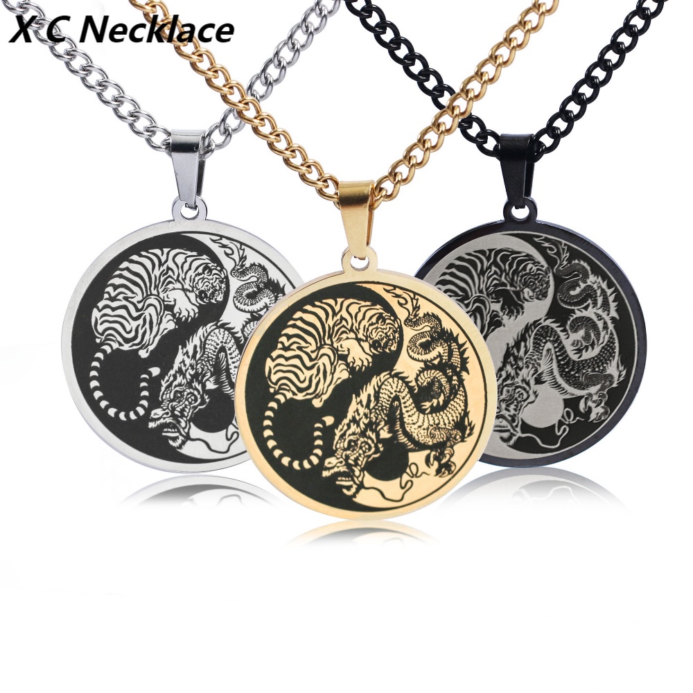 [X C Necklaces] New Gold & Silver Hip Hop Punk Vintage Overlord Dragon Tiger Yin Yang Tai Chi ​Titanium Steel Pendant Stainless Steel Necklace Men and Women's Holiday Gift Jewelry