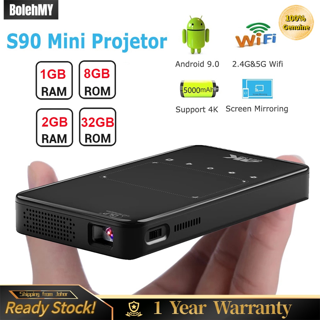 S90 Mini Projetor Smart Android 9.0 WIFI 2.4G 5G BT4.2 DLP Portable Projector for Home Theater 2G 32G  Full HD 1080P 4K