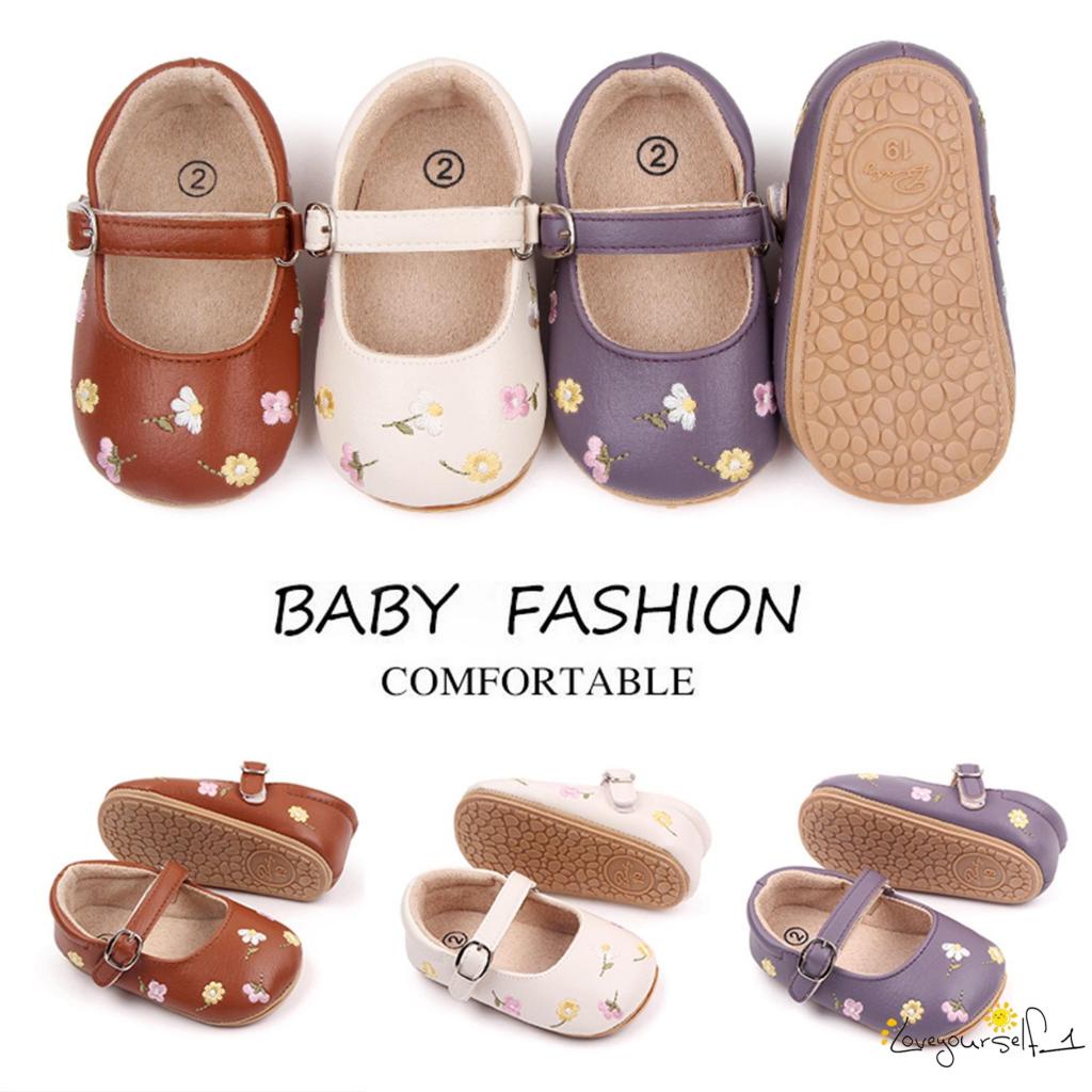 B930G-Baby Girls Mary Jane Flats PU Leather Infant Dress Shoes Floral Embroidery Princess Shoes