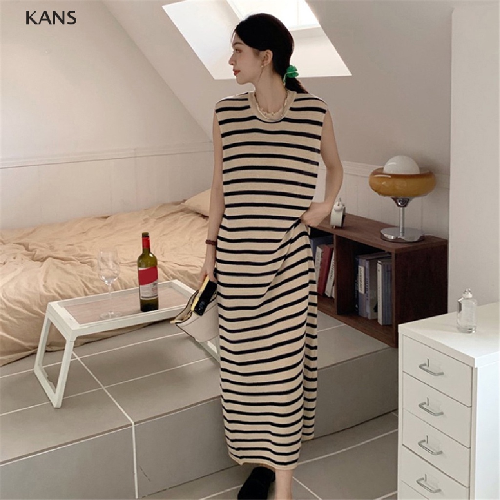 Kans Sleeveless Dresses Women Striped Basic Korean Style Female Straight Casual Summer Long Dress ns