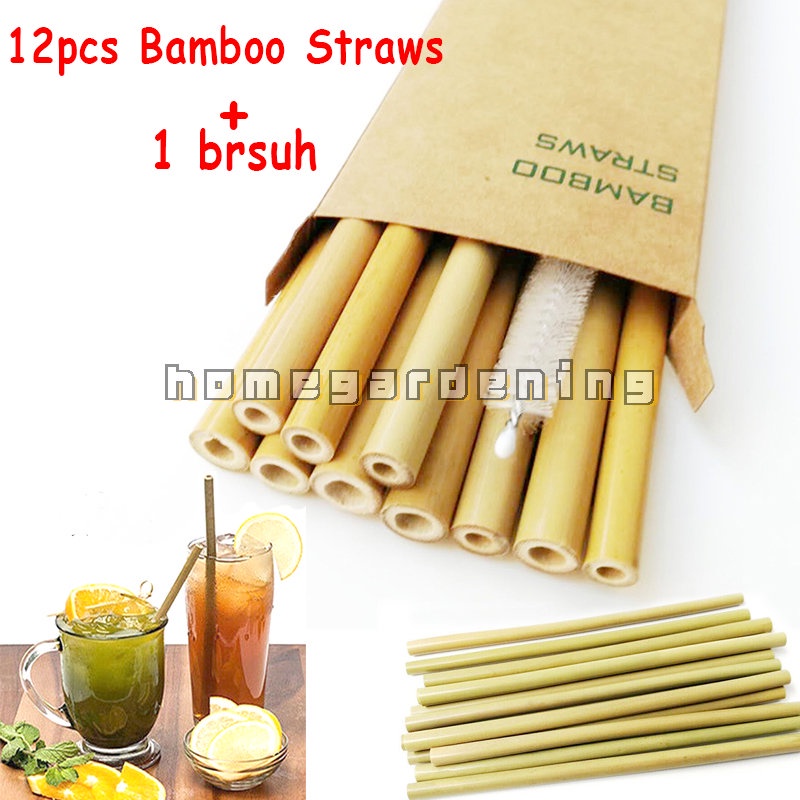 12pcs/set Bamboo Drinking Straws Reusable Eco-Friendly Party Kitchen + Clean Brush Eco-friendly Straws for Cocktail Milkshake