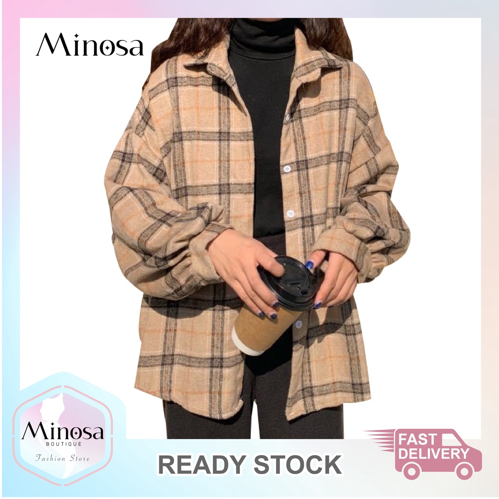 MINOSA Women Retro Vintage Checked Plaid Shirt Loose Casual Oversized Cardigan Top Button Oversize Collar Plus Size S-3X