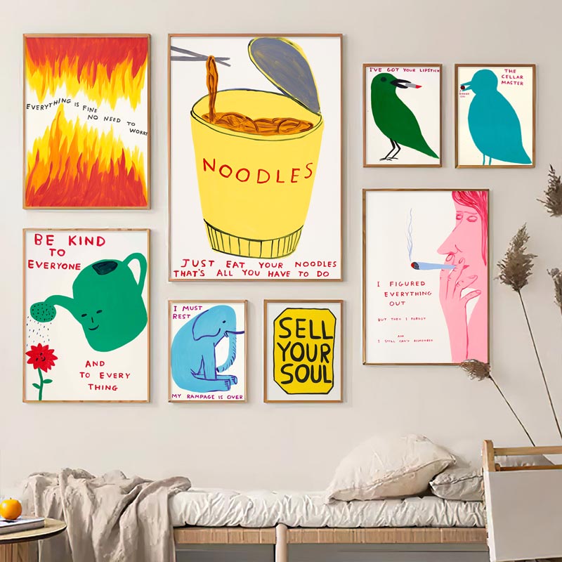 Nordic Poster Prints Canvas Painting Wall Pictures David Shrigley Noodles Bird Cat Elephant Flame Wall Art Living Room Decor