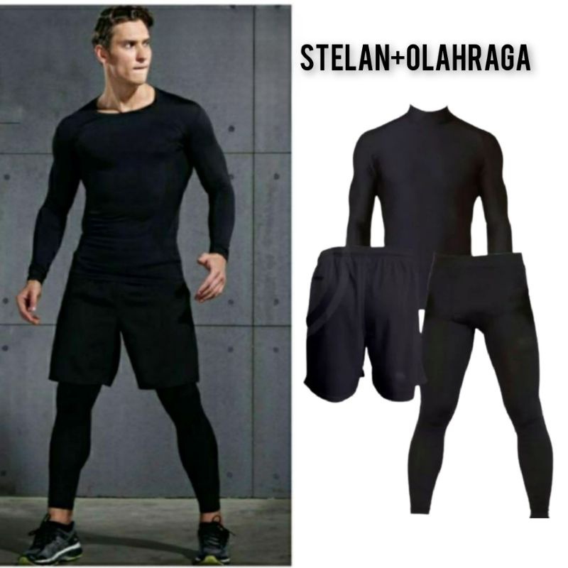 FULL SET OF MEN'S SPORTS SHORT LEGGINGS, BASELAYER CUFF, OUTDOOR, FUTSAL, GYM, RUNNING, CYCLING, SWIMMING