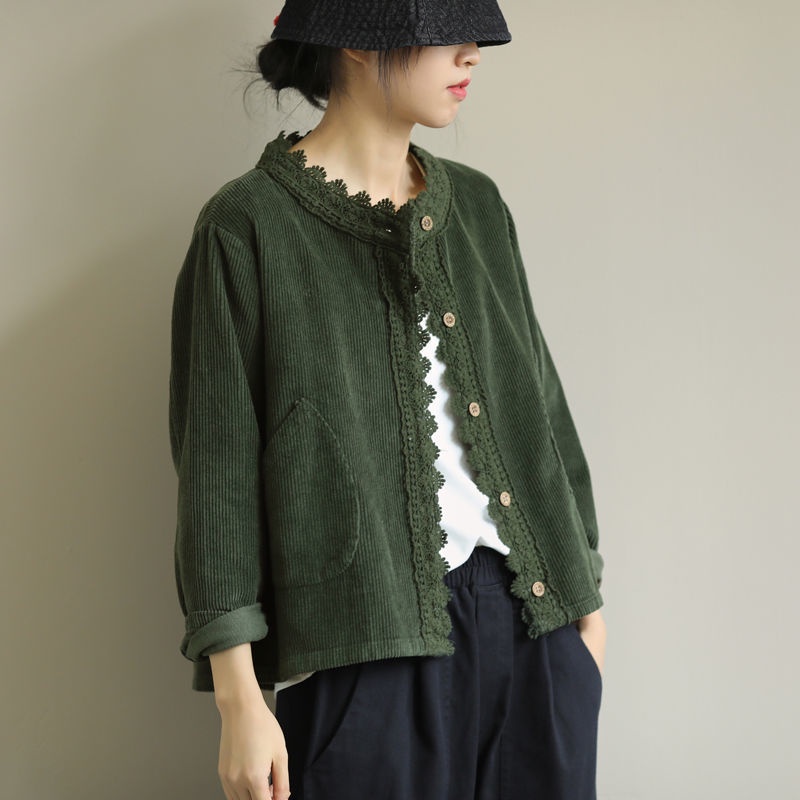 Women New Style Classic Simple Large Size Corduroy Long-Sleeved Jacket Loose Lace Trim Design