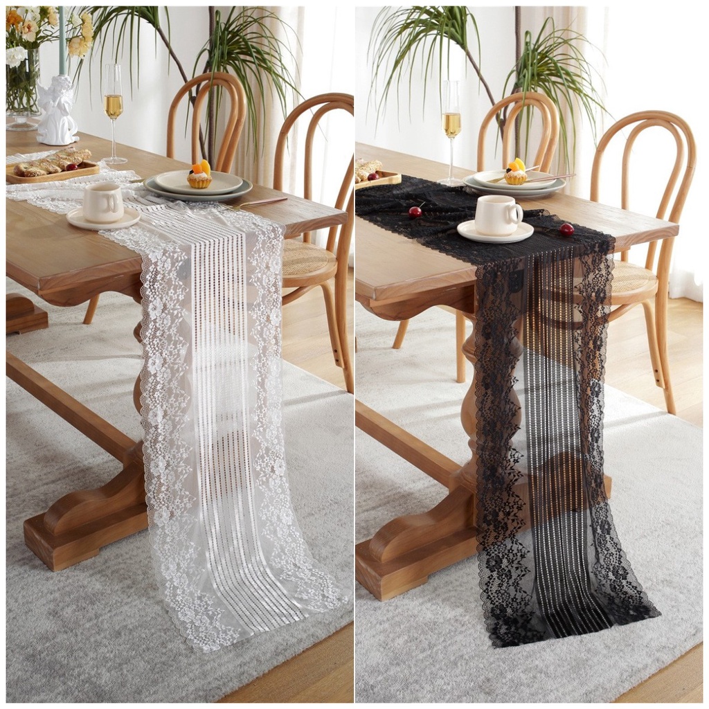 1PC French Romantic Lace Table Runner White Black Table Cover Wedding Decor Chair Sash for Banquet Baptism Tablecloth Runners