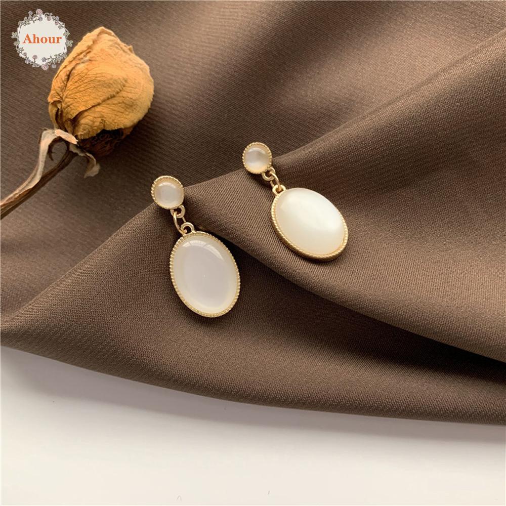 AHOUR French Eardrop Female Cat's Eye Stone Earrings White Oval Jewelry Temperament Simple Korea Moonlight/Multicolor