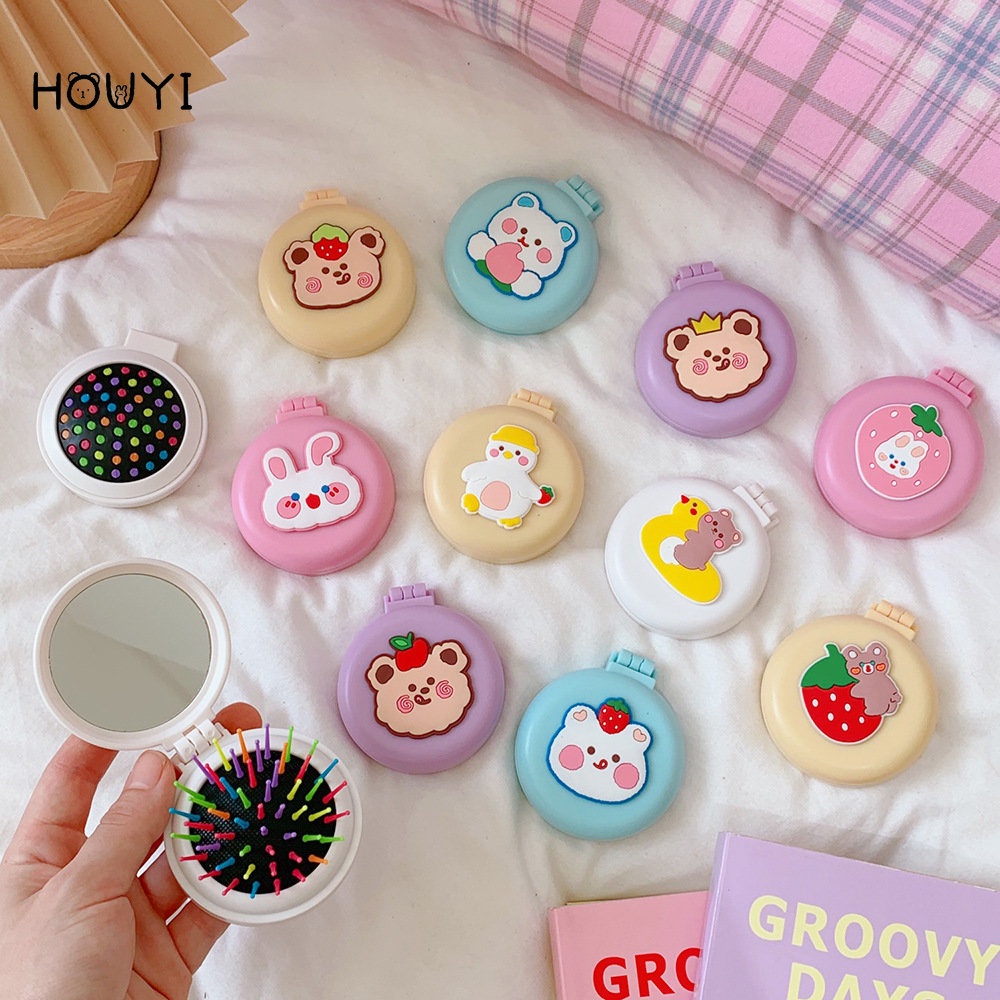 Cartoon Soft Silicone Makeup Massage Hair Brush/ Girl Folding Round Mini Pocket Comb with Mirror/ Portable Air Cushion Comb