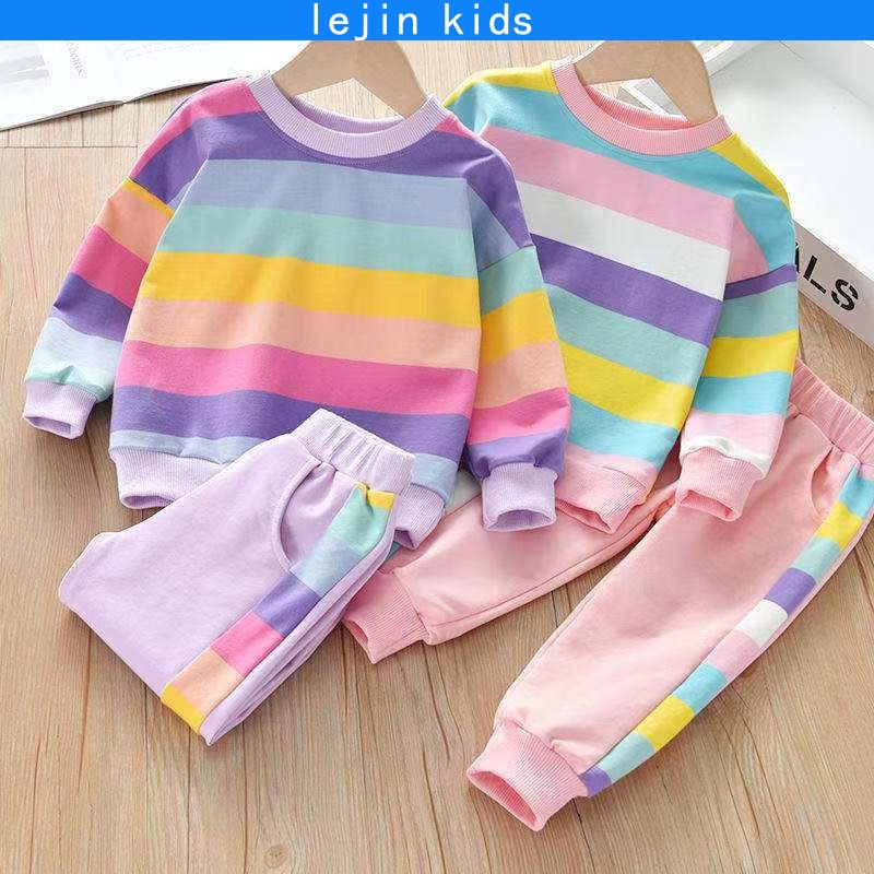 Baju Budak Perempuan 3-8 Time old Printed Girls Rainbow Suits Medium Big Children Spring Autumn Style Children's Western All-Mat Childrens clothing