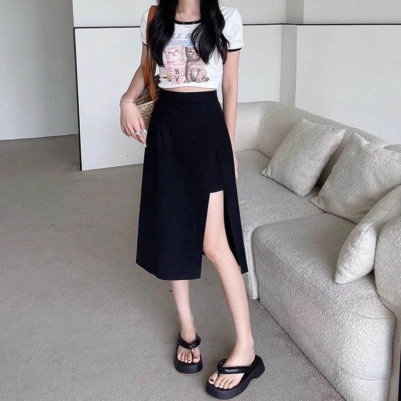 [Ships From Selangor][With Safety Pants]Large Size Simple High Slit Women's Skirts High Waisted Elastic Slim Fitting Student Skirt