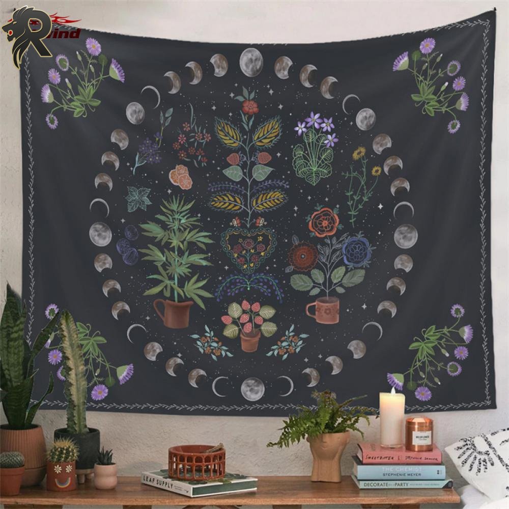 RL HW Moon Phase Tapestry Wall Hanging Botanical Celestial Floral Bohemian Wall Carpets Room Decor