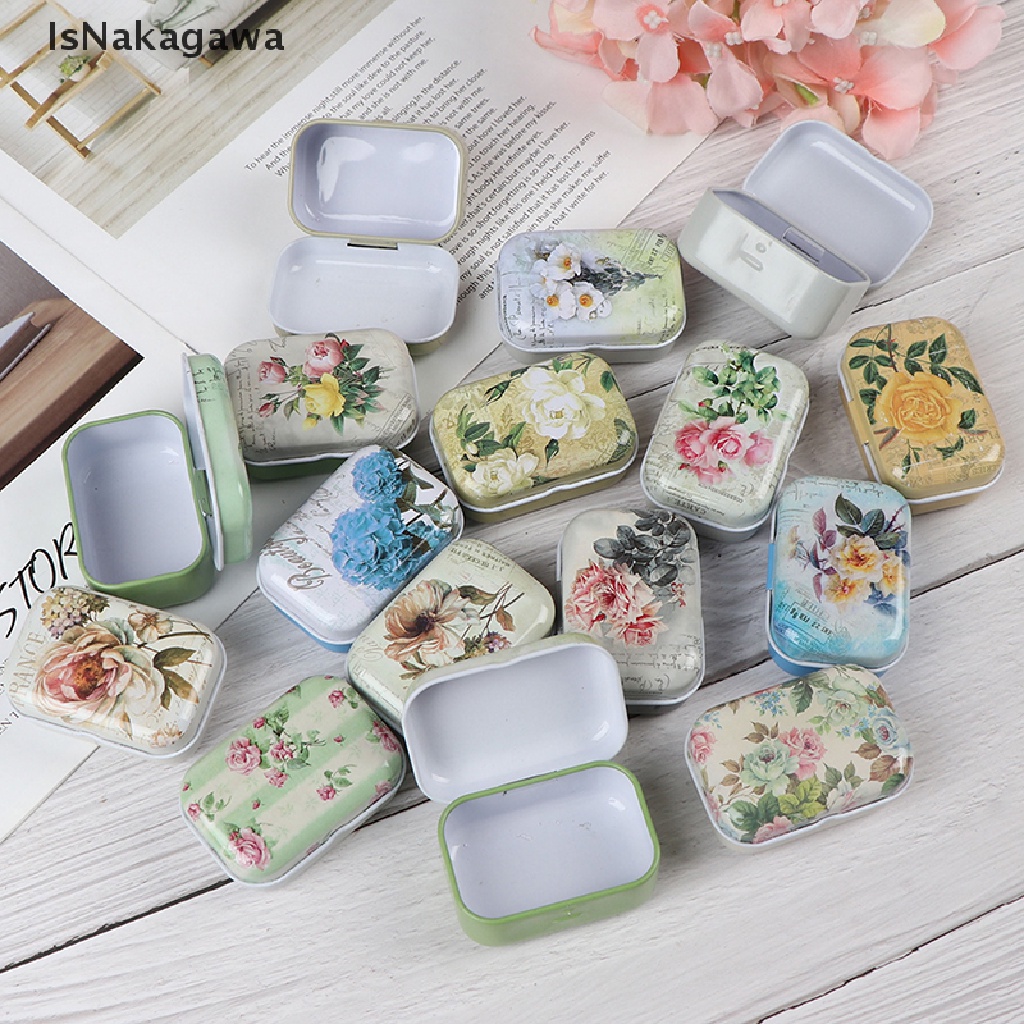 IsNakagawa Mini Flower Tin Trinket Jewelry Coin Box Tinplate Storage Case Small Rectangular Boutique