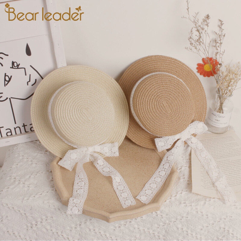 Bear Leader Baby Girl Straw Hat Sunhat Lace Bowknot Beach Round Summer Head Accessory Kids Princess Travel Fisherman Hat