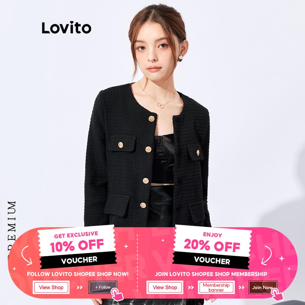 Purpose Quality Lovito Elegant Plain Round Neck Button Women Jacket L32FW095 (Black) - Image 3