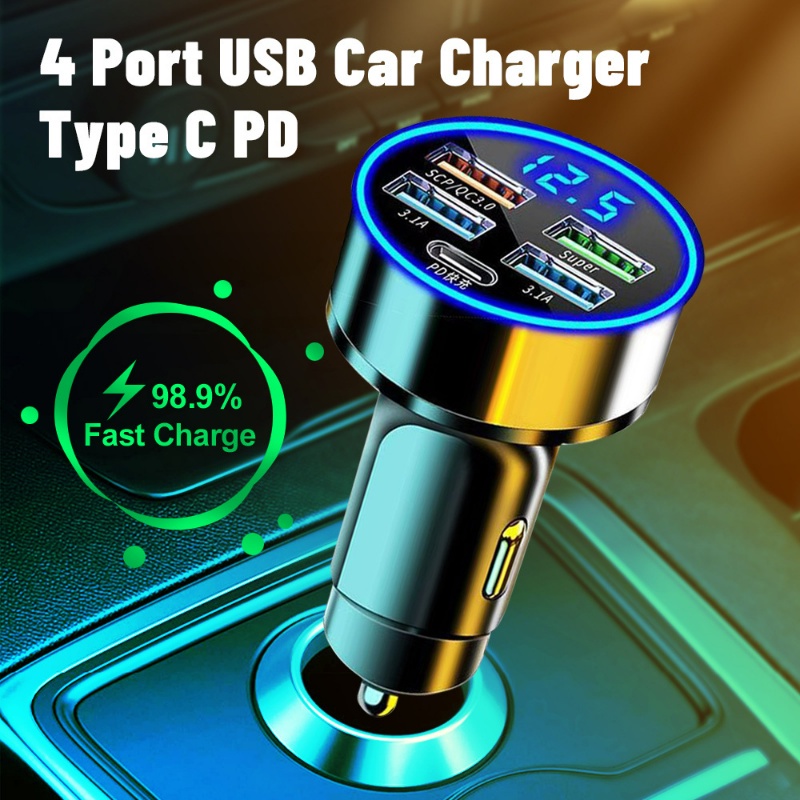 5-Port Car LED Digital Display Charger Universal 150W Fast Charging Adapter Vehicles Universal Converter Luxury Translucent Display Charger Automobile Interior Accessories